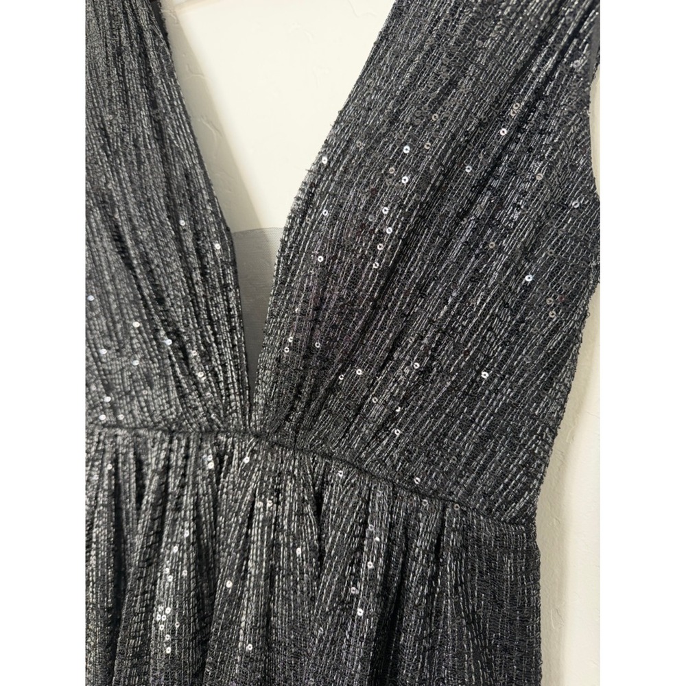 Monique Lhuillier Black Sequin Maxi Gown Deep V Formal Evening Dress 4 - Picture 3 of 5
